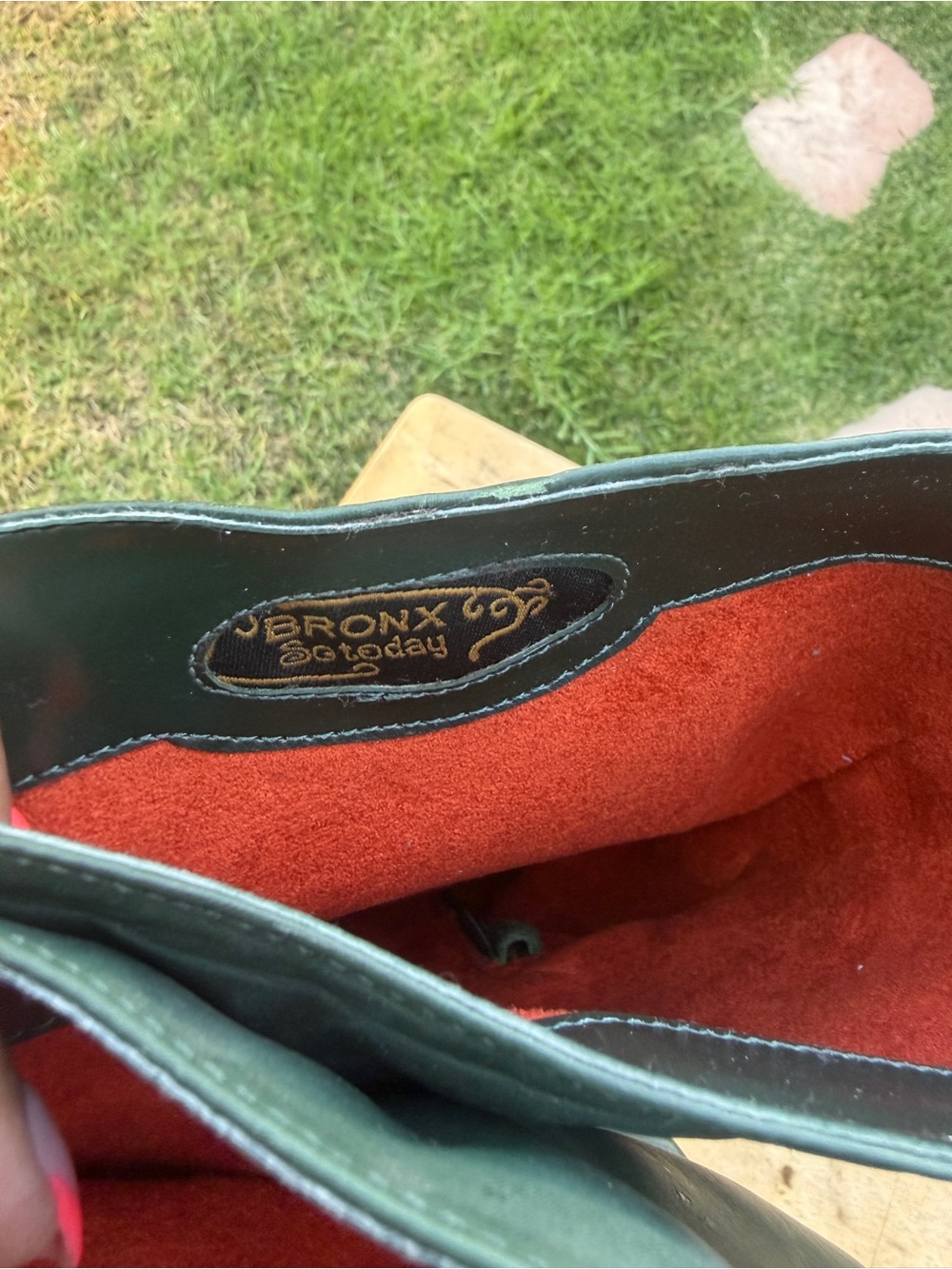 Bronx Green Leather Boots with Red Suede Lining - Picture 5 of 8
